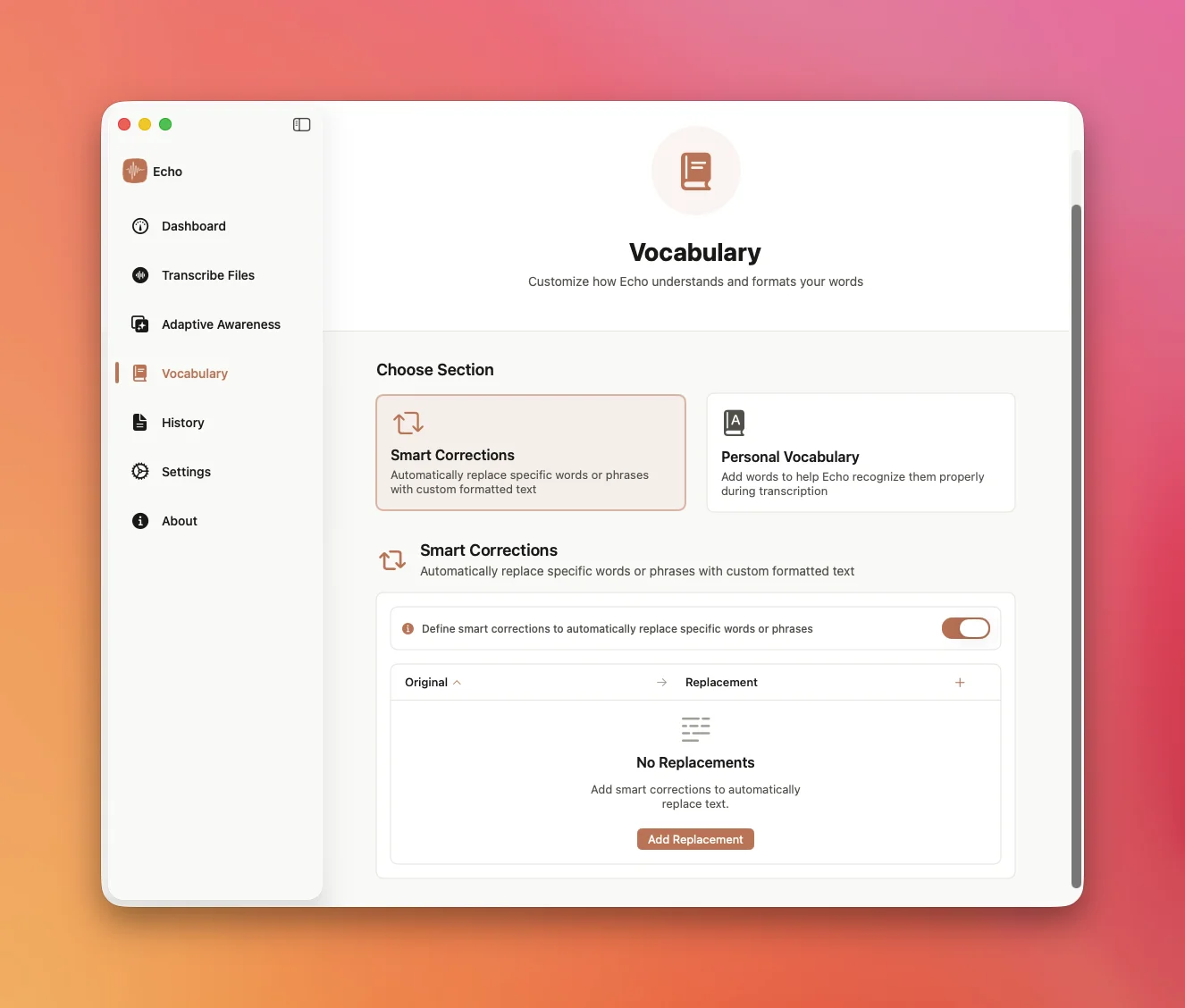 Smart vocabulary and word replacement settings